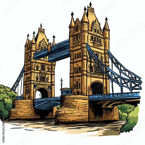 Vector comic hand-drawn illustration of Tower Brigde. Tower Brigde in London