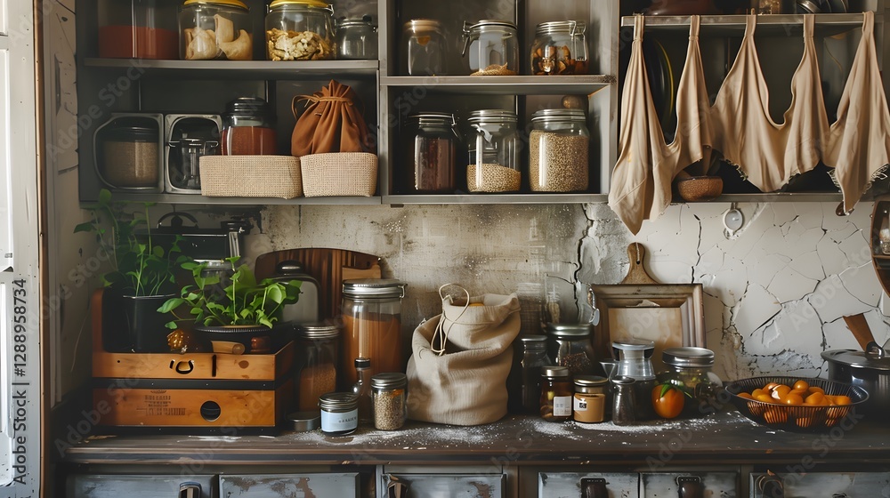 Illustration of A cozy kitchen with zero-waste principles, featuring jars of spices, metal containers, cloth produce bags, and homemade preserves, all arranged beautifully in a rustic. Illustration of A cozy kitchen with zero-waste principles, featuring jars of spices, metal containers, cloth produce bags, and homemade preserves, all arranged beautifully in a rustic.