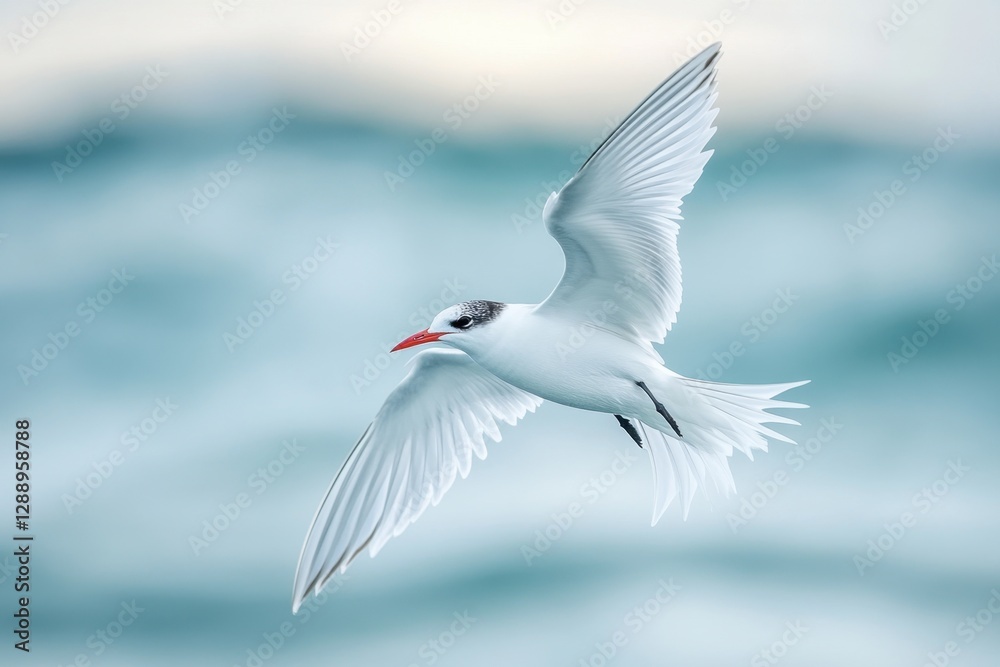 Elegant bird in flight over the ocean. Its white feathers contrast with the blue water. Graceful and majestic nature scene. Elegant bird in flight over the ocean. Its white feathers contrast with the blue water. Graceful and majestic nature scene.