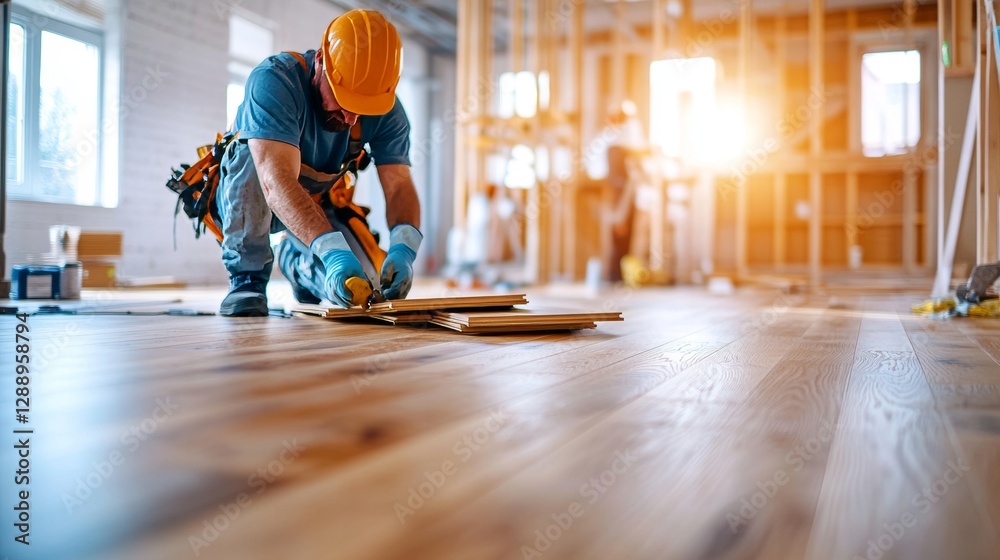 Obraz premium Trabajadores instalan un nuevo suelo en un espacio de construcción durante la tarde