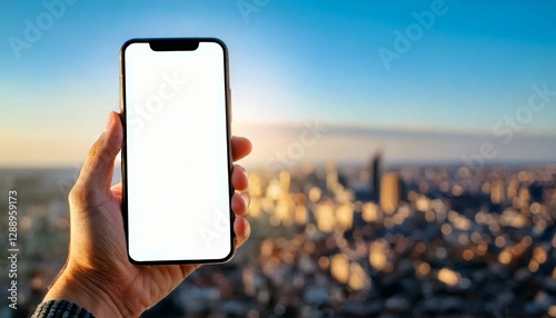 A smartphone being held in one hand, screen white and empty, against a blurred cityscape background, widescreen