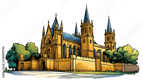 Vector comic hand-drawn illustration of Westminster Abbey. Westminster Abbey in London