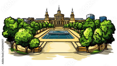 Vector comic hand-drawn illustration of Wimbledon Tennis Complex. Wimbledon Tennis Complex in London