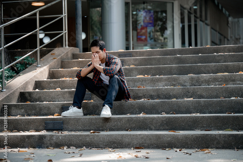 Tablou pe pânză Exhausted college student sitting on campus stairs, hands covering face, experie