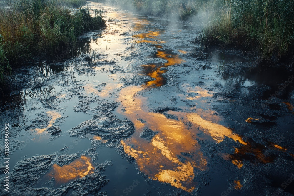 Polluted river with oil stains reflecting the sun in a natural habitat Polluted river with oil stains reflecting the sun in a natural habitat