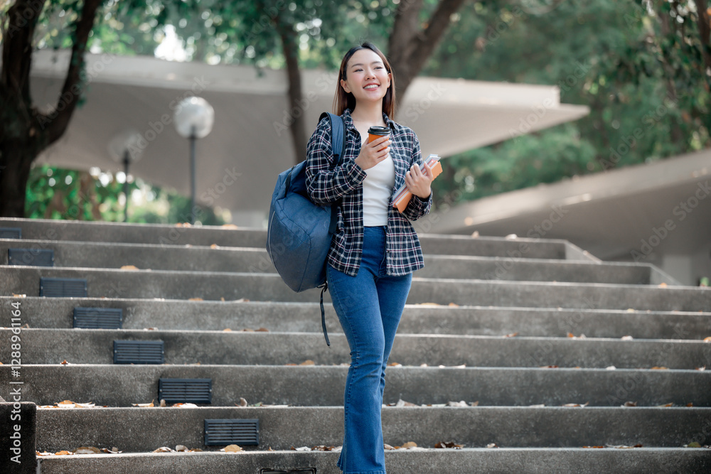 Obraz premium Young asian student climbing university stairs, carrying books, coffee, backpack, wearing casual outfit