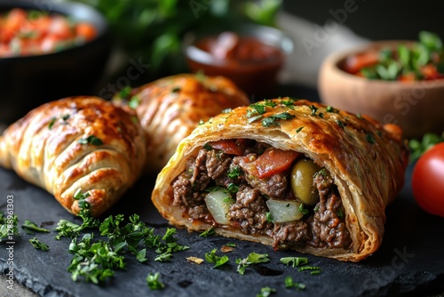 Authentic argentinian empanadas filled with spiced beef culinary delight kitchen close-up high fidelity