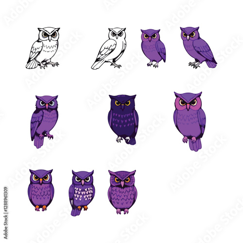 Owl vector outline set, hand drawn owl line art, minimal owls isolated design for tattoo, clipart, sketch, cartoon, artistic set, digital collection of aesthetic bird, wildlife nocturnal bird icon