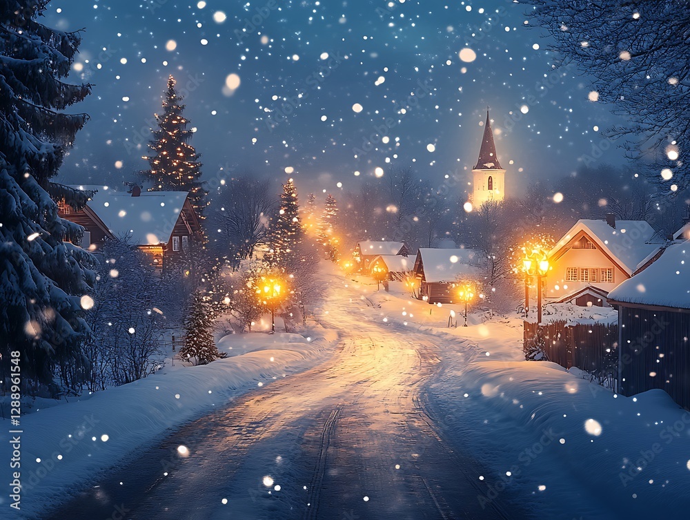 Fototapeta premium Snowy village road, church, Christmas lights, snowfall, winter
