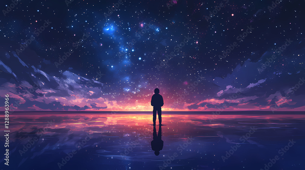 Obraz premium Astronaut contemplates vast starry night sky. Cosmic Astronaut Reflection. Illustration