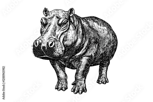 Antique art print design of a hippopotamus, black sketch effect, hand-drawn wildlife illustration, vintage style, large animal vector, trendy wall decor