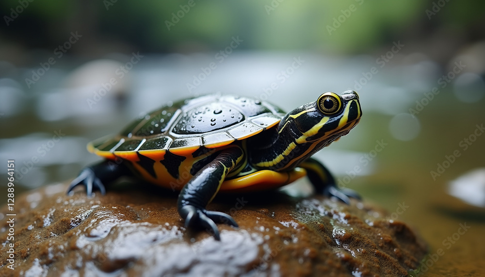 Wet turtle on a rock near a river Wet turtle on a rock near a river