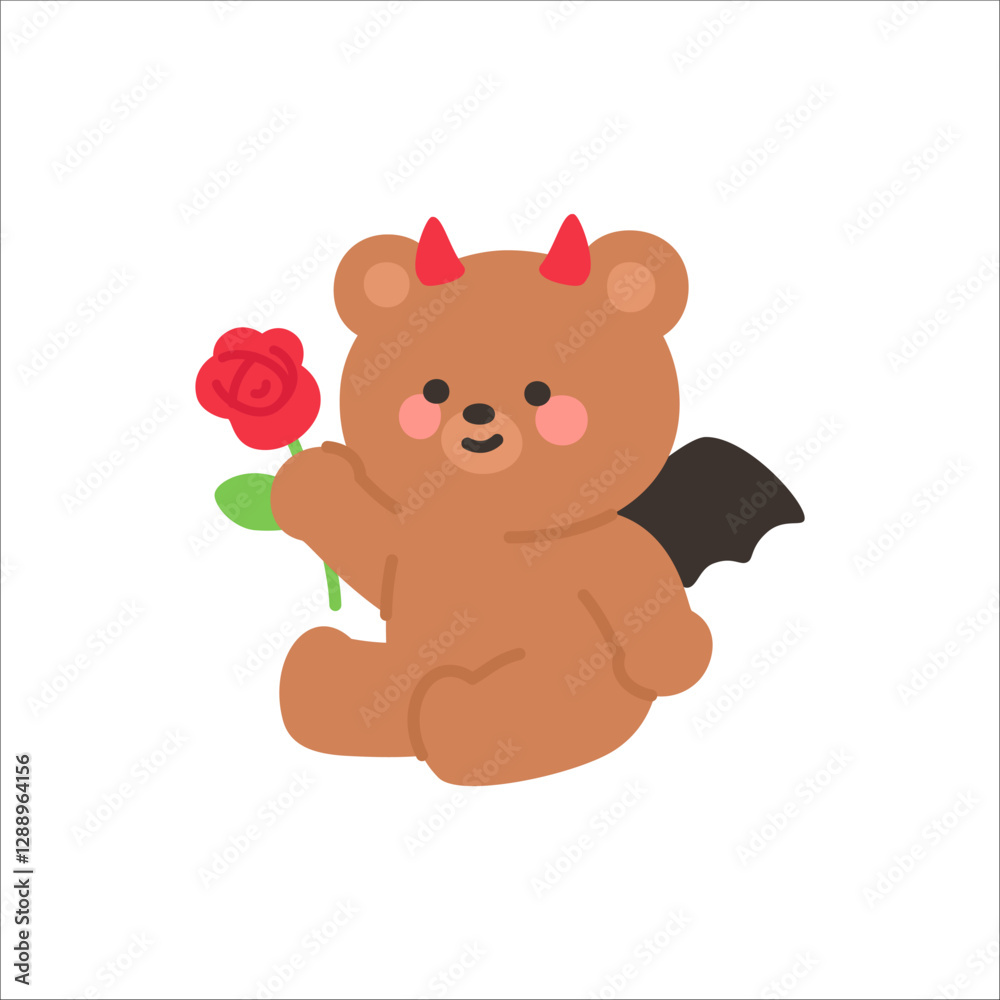 Fototapeta premium Cute Devil Bear Holding a Red Rose with Bat Wings on White Background