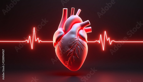 Human heart with glowing pulse line on dark background