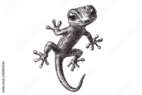 Old engraving style hand-drawn gecko with black sketch effect, trendy reptile art, wildlife print, white background, vintage illustration, artistic lizard design
