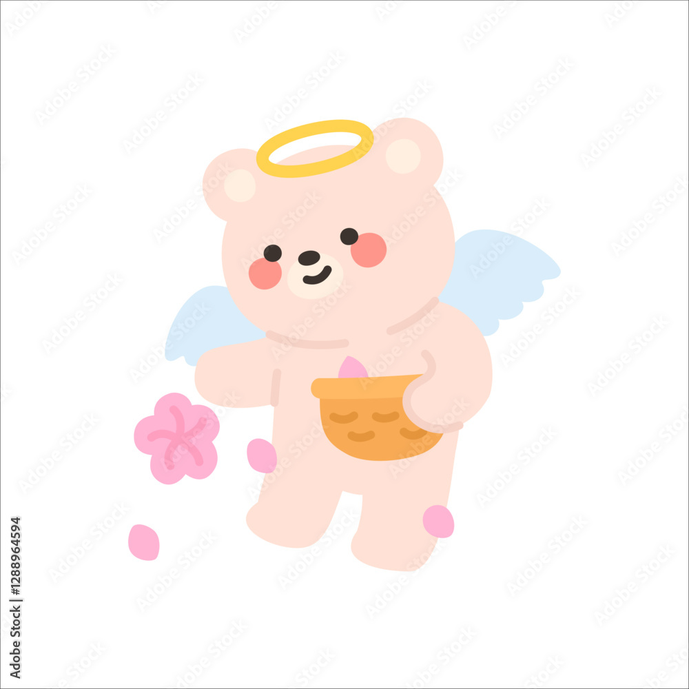 Sweet Angel Bear Scattering Soft Pink Flower Petals from a Small Basket Sweet Angel Bear Scattering Soft Pink Flower Petals from a Small Basket