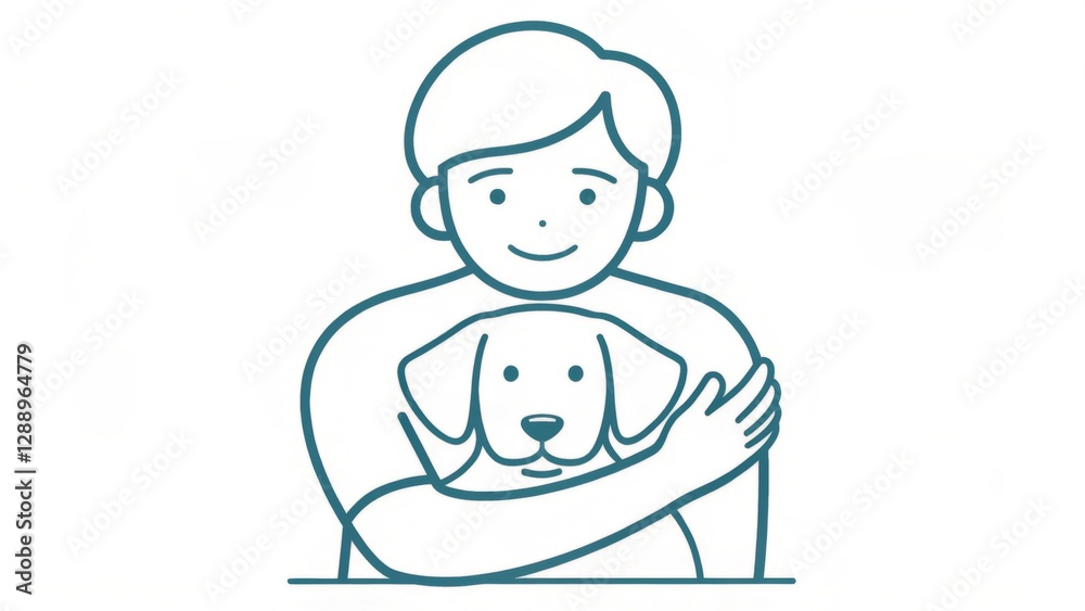 A single-line drawing of a person embracing their pet, capturing warmth and companionship A single-line drawing of a person embracing their pet, capturing warmth and companionship