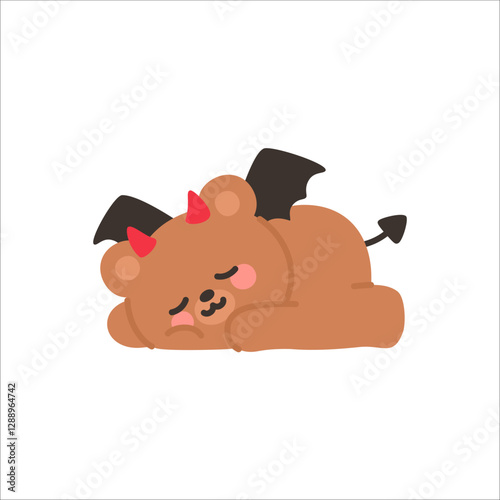 Sleepy Devil Bear Resting Peacefully on the Ground with Wings Folded