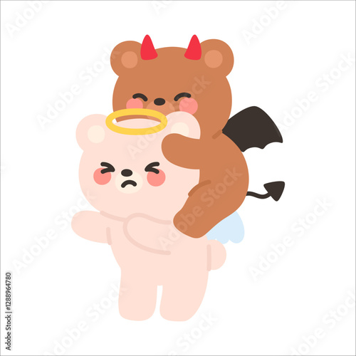 Cheeky Devil Bear Jumping on Angel Bear’s Back with a Playful Expression