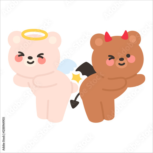 Angel Bear and Devil Bear Bumping Butts Playfully with Smiles