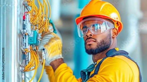 Técnico competente realiza instalación de sistemas tecnológicos inteligentes en entorno industrial photo