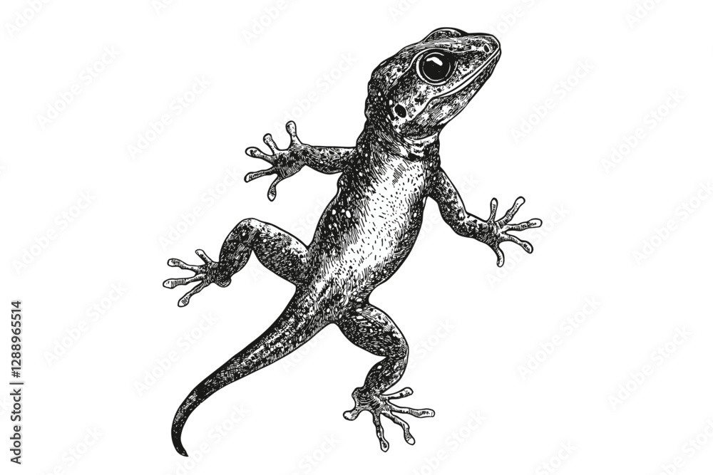 Naklejka premium Wildlife print of hand-drawn gecko with black sketch effect, old engraving style, trendy vintage design, reptile art on white background, detailed lizard illustration