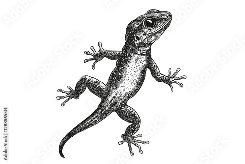Wildlife print of hand-drawn gecko with black sketch effect, old engraving style, trendy vintage design, reptile art on white background, detailed lizard illustration