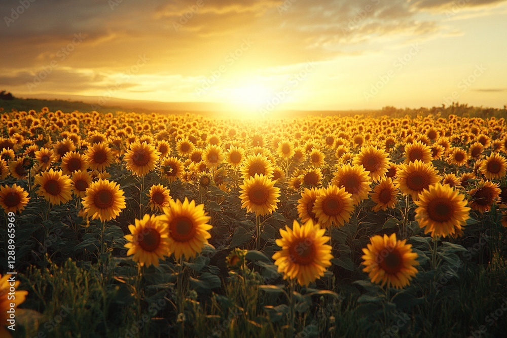 Fototapeta premium Sunflower field at golden hour with warm sunlight casting long shadows across the flowers A vibrant and expansive field of sunflowers at the golden hour, where the warm, golden sunlight casts long sha