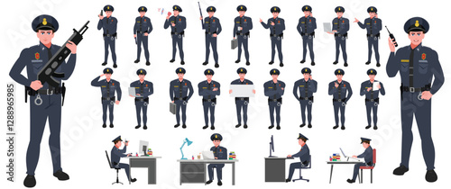 Police Officer Character Design Model Sheet. Man, Character design. Front, side, back view and explainer animation poses. Character set with lip sync and Walk cycle animation sequences.
