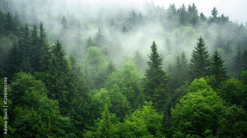 Misty Forest Landscape with Lush Green Trees and Thick Fog Gently Rolling Through Evergreen Foliage Misty Forest Landscape with Lush Green Trees and Thick Fog Gently Rolling Through Evergreen Foliage