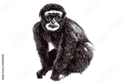 Wildlife gibbon illustration, hand-drawn vintage art, trendy animal wall decor, black sketch effect, nature artwork, old engraving style, jungle wildlife art.