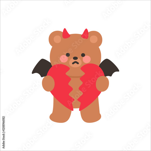 Devil Bear Holding a Broken Heart with a Sad Expression