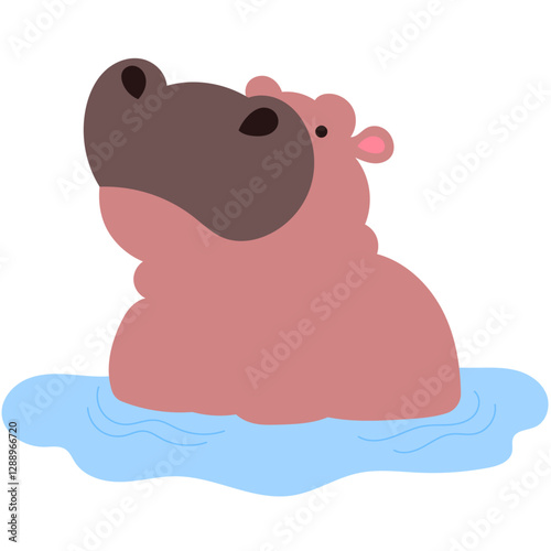 happy hippo wading in a pond, adorable safari animal flat vector illustration
