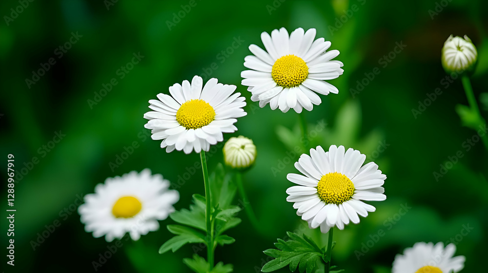 Fototapeta premium Closeup of White Daisies with Yellow Centers Against a Green Background