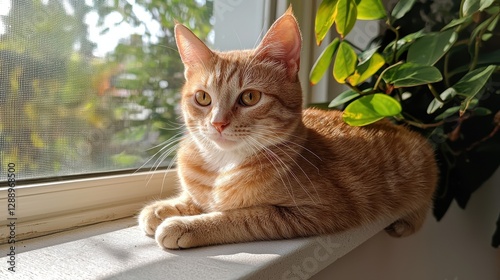 Calm Ginger Cat Relaxing on Sunlit Window Sill Surrounded by Green Leaves and Soft Natural Light