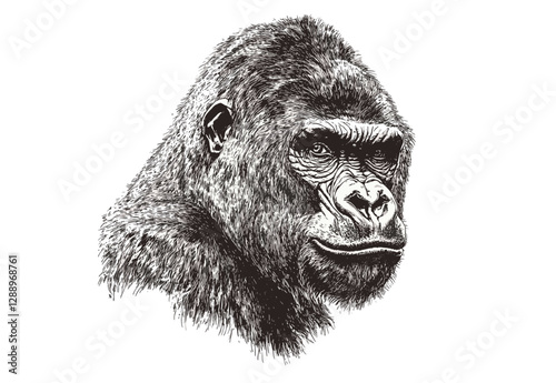 Black sketch effect hand-drawn gorilla, vintage animal art, wildlife illustration, trendy decor, retro style wall art, wildlife sketch, nature artwork, wild animal drawing.