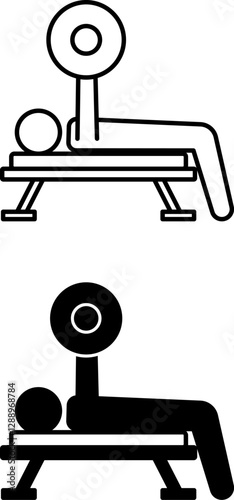 Bench Press Icons. Black and White Vector Drawings. The Athlete Holds a Barbell, Bodybuilding. Sports Equipment, Strength Training. Gym and Sport Concept