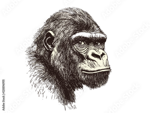 Vintage wildlife illustration, hand-drawn gorilla in black sketch effect, animal art, trendy wall decor, black and white art, retro style, jungle art, wild animal drawing.