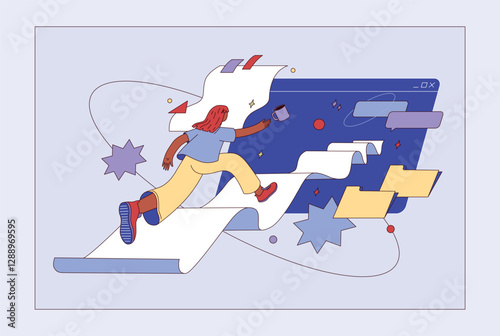 Overworked woman running through endless tasks on a digital workspace. Symbolizing job stress, deadlines, and work overload in a tech-driven environment. Productivity, efficiency, and burnout. Flat ve