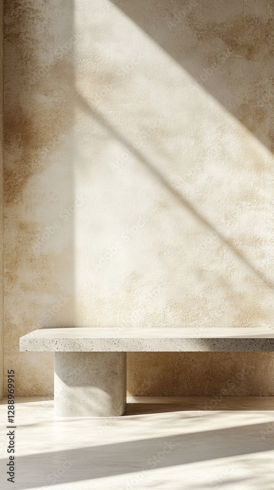 Minimalist concrete bench in sunlight casting dramatic diagonal shadows on textured beige wall, modern architectural detail with clean lines and geometric shapes. Minimalist concrete bench in sunlight casting dramatic diagonal shadows on textured beige wall, modern architectural detail with clean lines and geometric shapes.