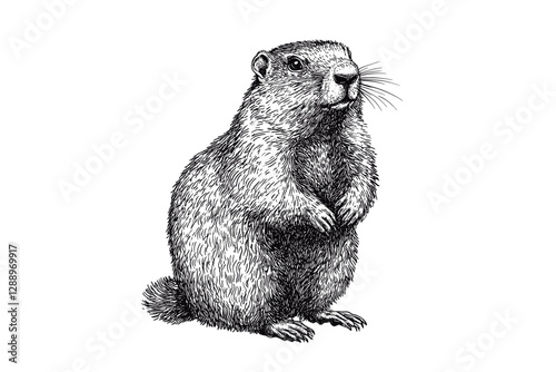 Antique style hand-drawn groundhog, vintage wildlife illustration, rodent sketch effect, aquatic animal, vector print design, trendy, retro, black and white, nature art.