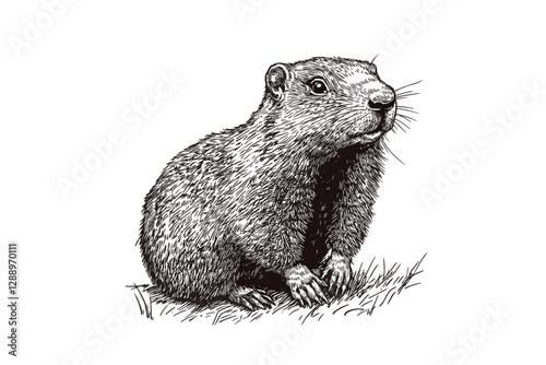 Wildlife rodent illustration, hand-drawn vintage groundhog, sketch effect, aquatic animal design, black and white, antique style, vector print, retro art, nature-inspired.