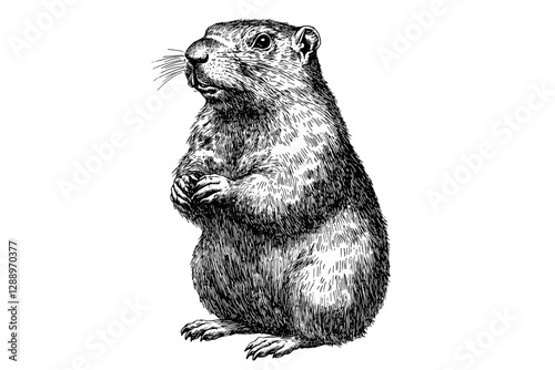 Vintage rodent illustration, black sketch of aquatic animal, hand-drawn groundhog, wildlife design, antique style, trendy vector art, retro print, white background, nature.