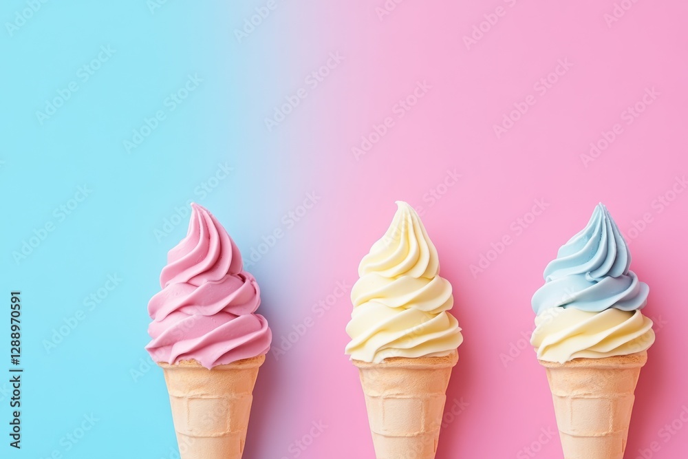 Colorful ice cream cones arranged against a pastel background for summer advertising layout Colorful ice cream cones arranged against a pastel background for summer advertising layout
