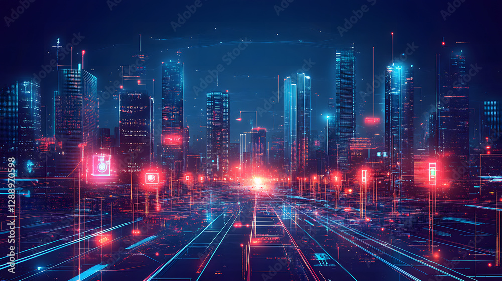 Fototapeta premium Futuristic Cyberpunk Cityscape with Neon Lights and Digital Grid in a Sci-Fi Metropolis