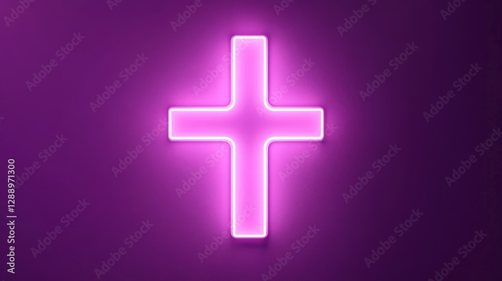 Fototapeta premium White neon glow plus sign on purple, 3D effect. 