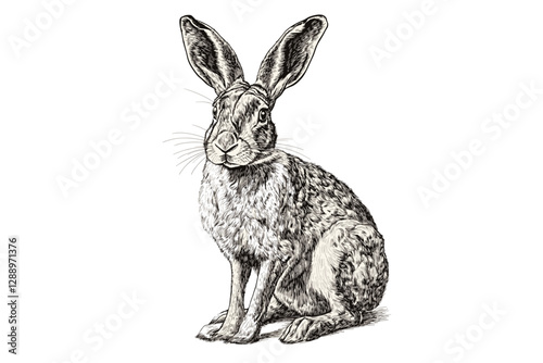 Vintage art hand-drawn hare, trendy black sketch effect, animal print illustration, old engraving style, white background.