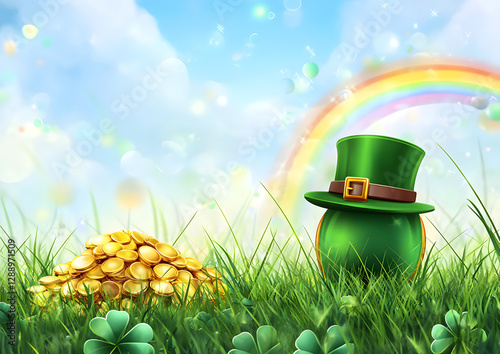 St. Patrick's Day abstract green background decorated with shamrock leaves. Patrick Day pub party celebrating. Abstract art design magic backdrop. Widescreen clovers on black with copy space	