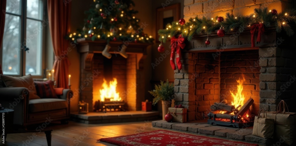 Cozy atmosphere of a fireplace with a Christmas tree in the background, inviting, textures Cozy atmosphere of a fireplace with a Christmas tree in the background, inviting, textures