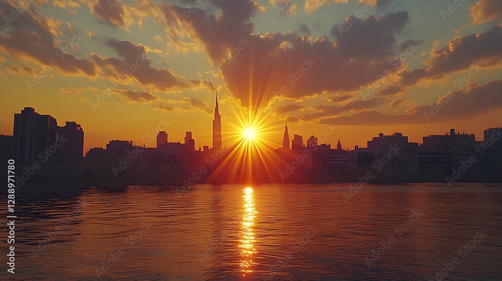 Fototapeta premium Cityscape sunset, water reflection, vibrant sky, urban backdrop